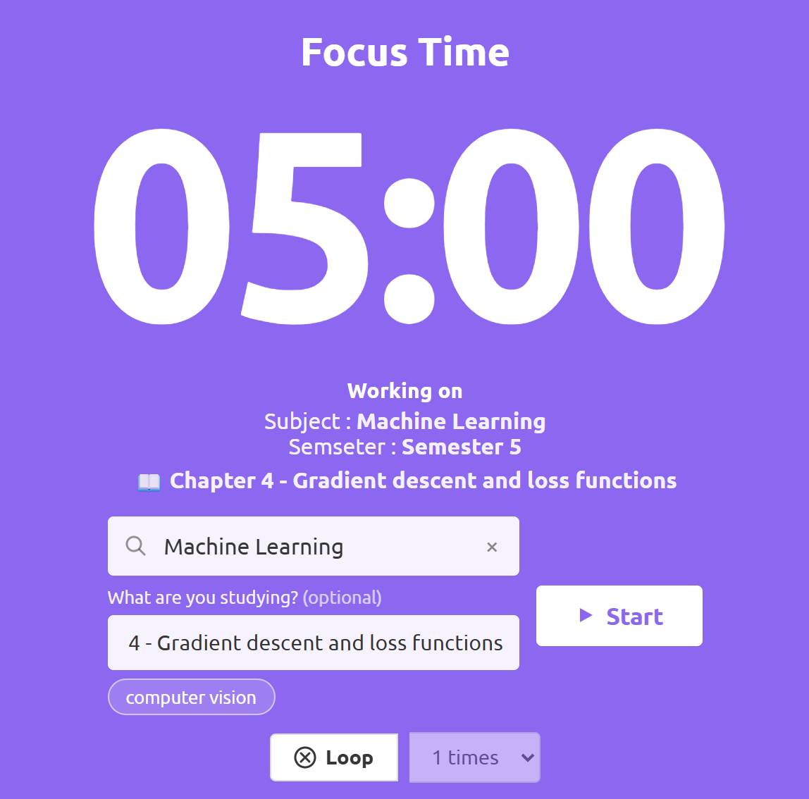 The Study Klocka focus timer, showing the selected subject and term above the Start button