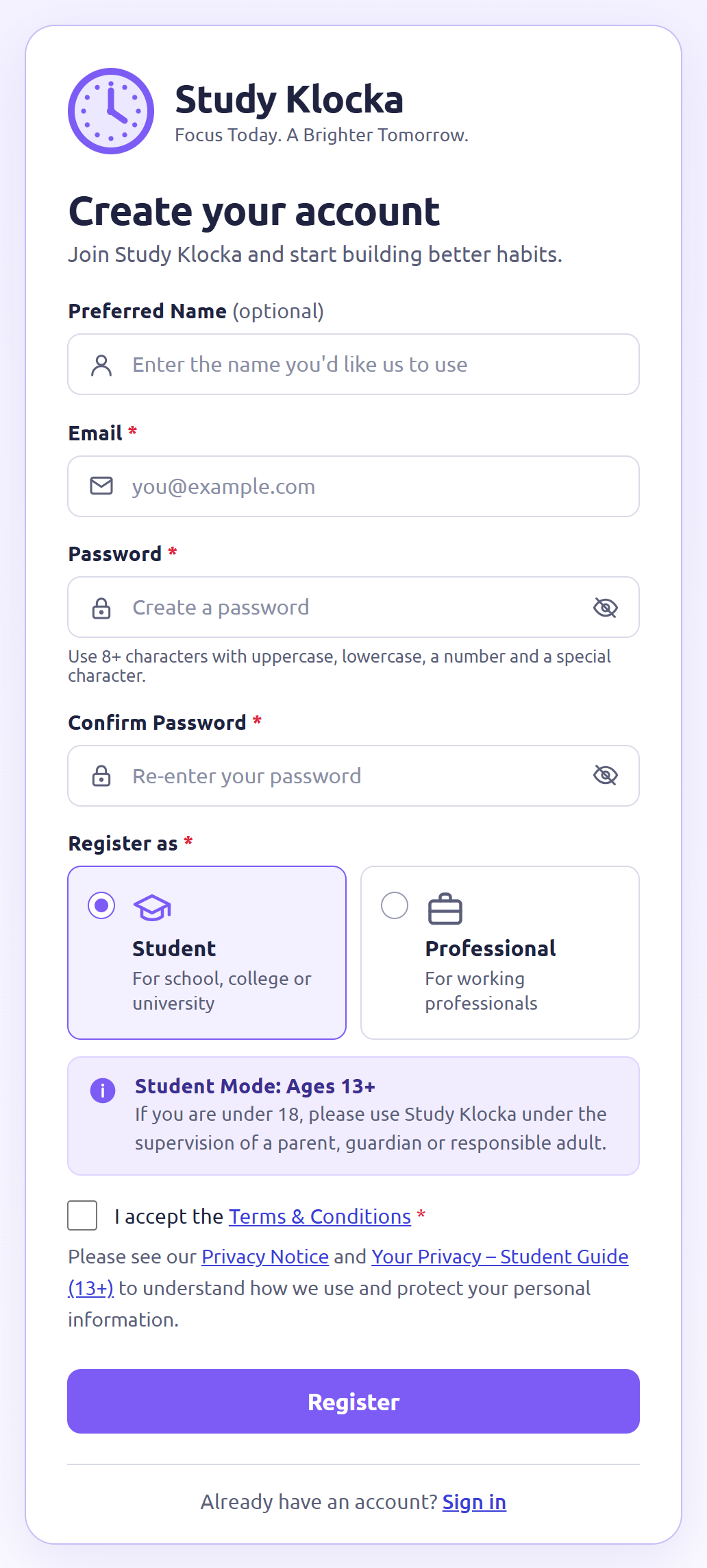 The Study Klocka registration form, with Student and Professional options